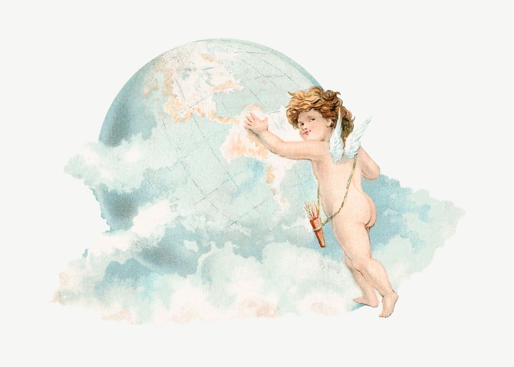 Cherub & globe watercolor illustration element psd. Remixed from vintage artwork by rawpixel.