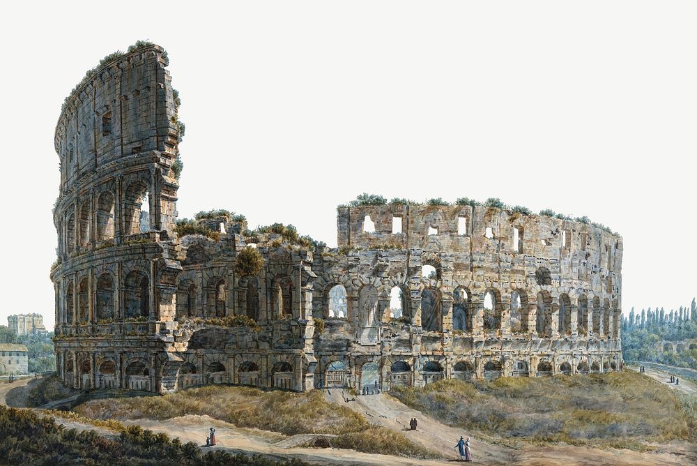 The Colosseum watercolor border psd. Remixed from Louis Rodolphe Ducros artwork, by rawpixel.