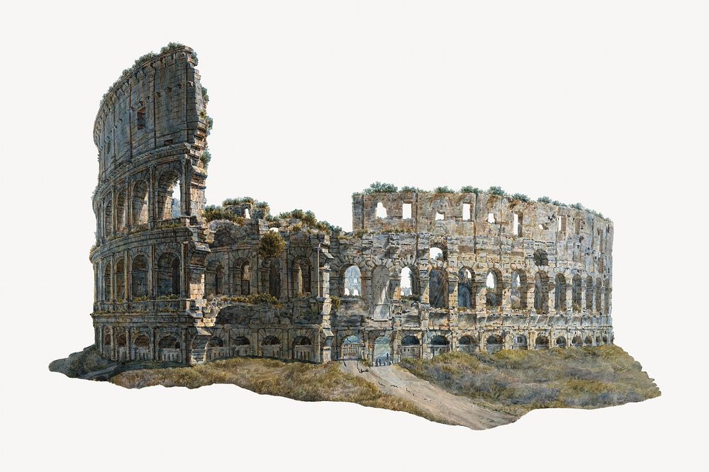 The Colosseum watercolor illustration element. Remixed from Louis Rodolphe Ducros artwork, by rawpixel.