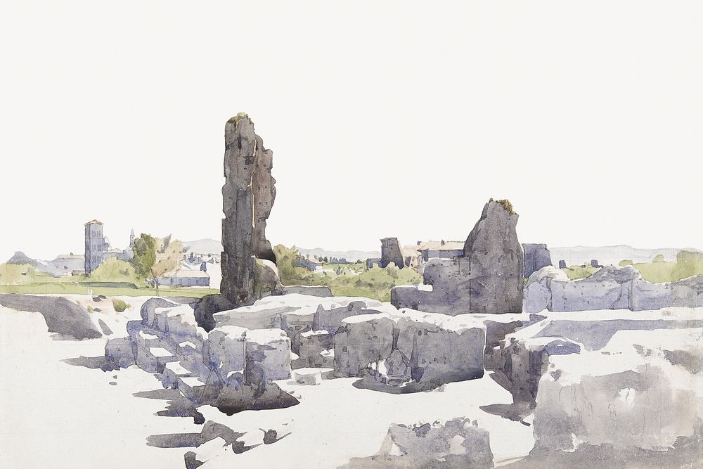 Italian ruins watercolor border. Remixed from Henri Joseph Harpignies artwork, by rawpixel.
