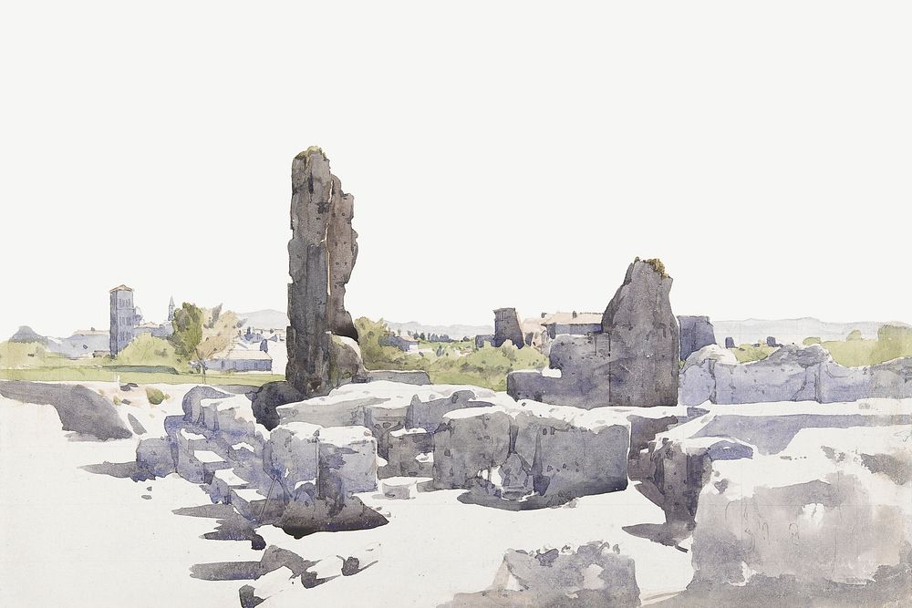 Italian ruins watercolor border psd. Remixed from Henri Joseph Harpignies artwork, by rawpixel.