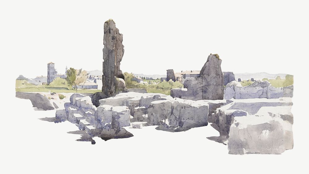 Italian ruins watercolor illustration element psd. Remixed from Henri Joseph Harpignies artwork, by rawpixel.