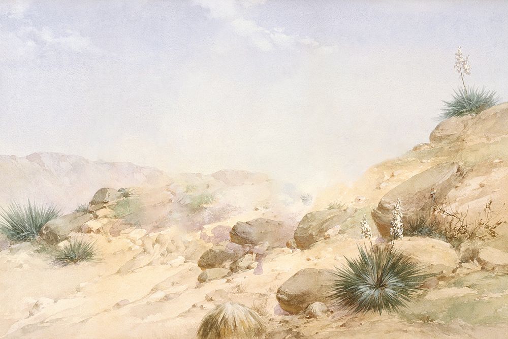 Wild west landscape background, watercolor painting. Remixed from Herman Wendelborg Hansen artwork, by rawpixel.