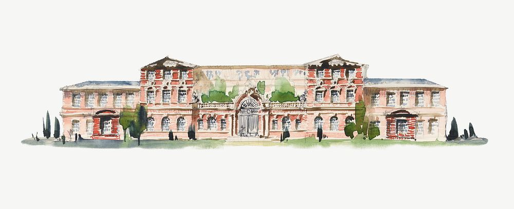 School architecture watercolor illustration element psd. Remixed from Whitney Warren Jr  artwork, by rawpixel.
