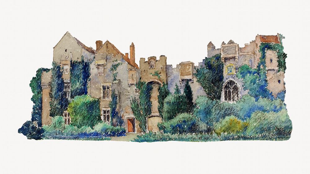 Compton Castle watercolor illustration element. Remixed from Cass Gilbert artwork, by rawpixel.