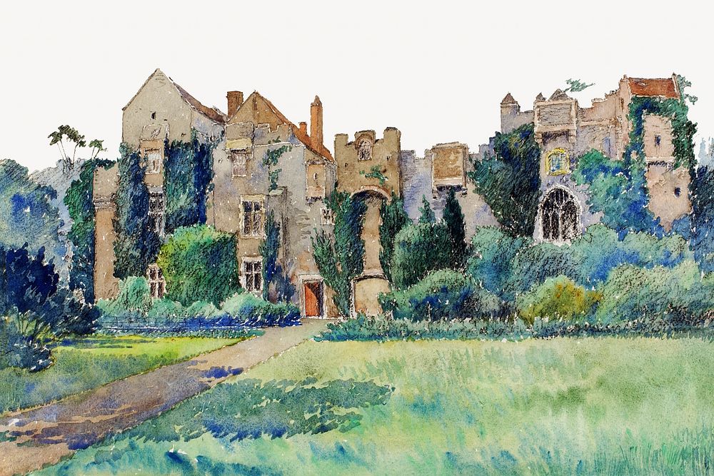 Compton Castle watercolor border. Remixed from Cass Gilbert artwork, by rawpixel.