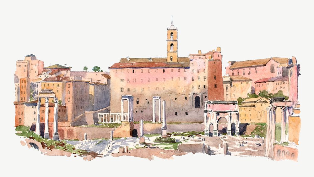 Mediterranean village watercolor illustration element psd. Remixed from George Elbert Burr artwork, by rawpixel.