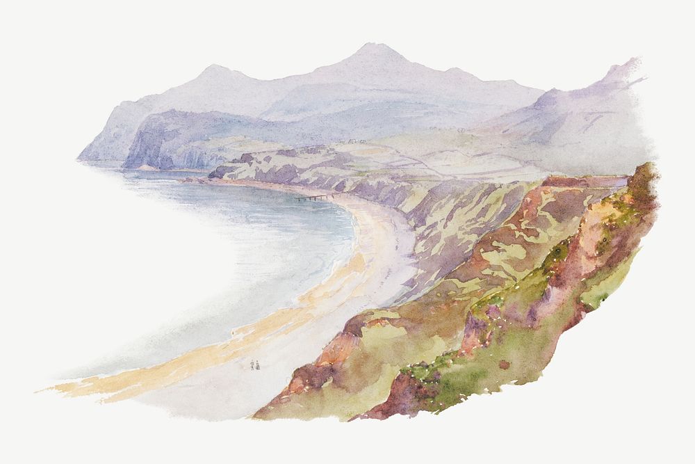 Welsh coast watercolor illustration element psd. Remixed from George Elbert Burr artwork, by rawpixel.
