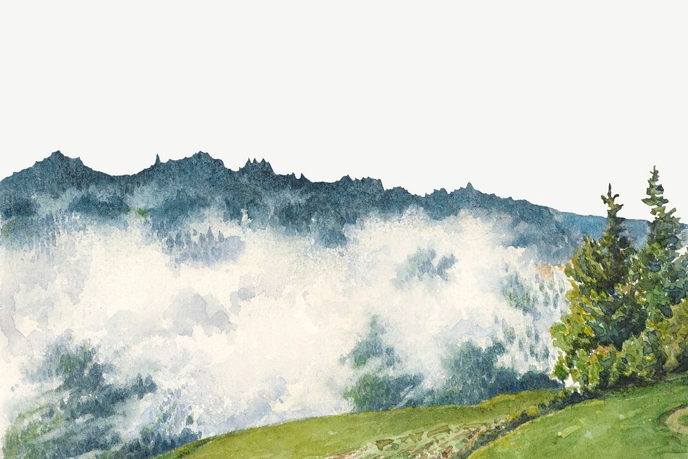 Mountain landscape mist watercolor border psd. Remixed from Friedrich Carl von Scheidlin artwork, by rawpixel.