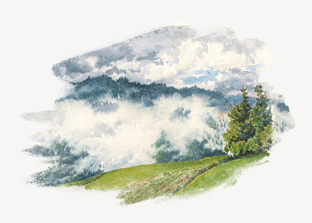 Mountain landscape mist watercolor illustration element psd. Remixed from Friedrich Carl von Scheidlin artwork, by rawpixel.