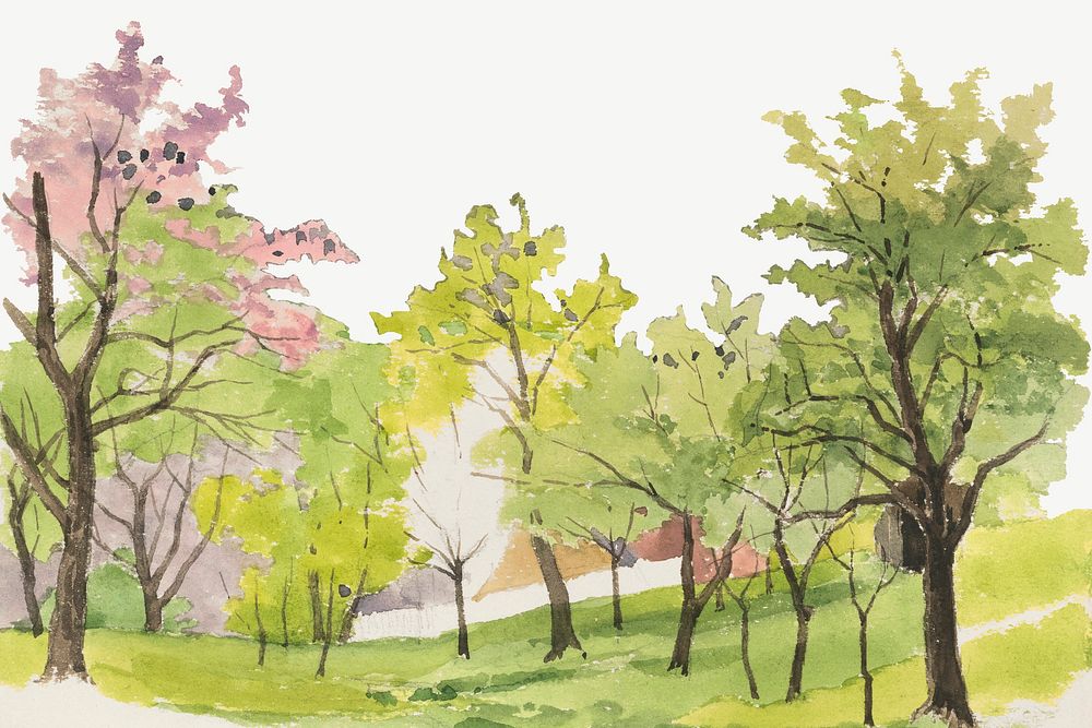 Blooming trees watercolor border psd. Remixed from Jan Novopack&yacute; artwork, by rawpixel.