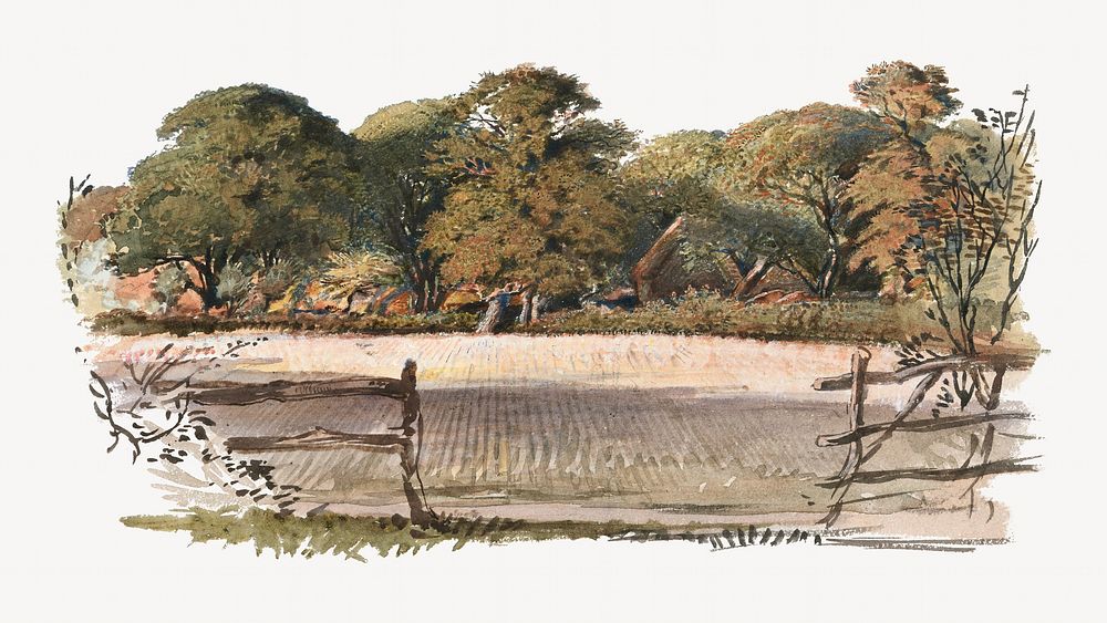 Countryside field watercolor illustration element. Remixed from George Richmond artwork, by rawpixel.