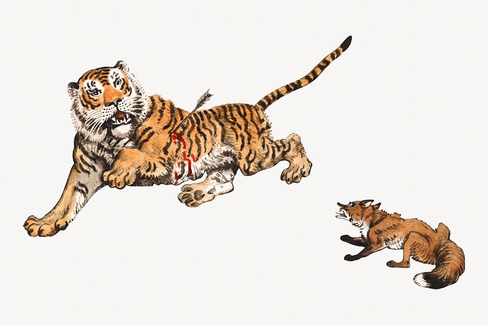 Tiger & fox watercolor illustration element. Remixed from Samuel Howitt artwork, by rawpixel.