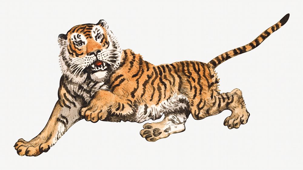 Tiger watercolor illustration element. Remixed from Samuel Howitt artwork, by rawpixel.