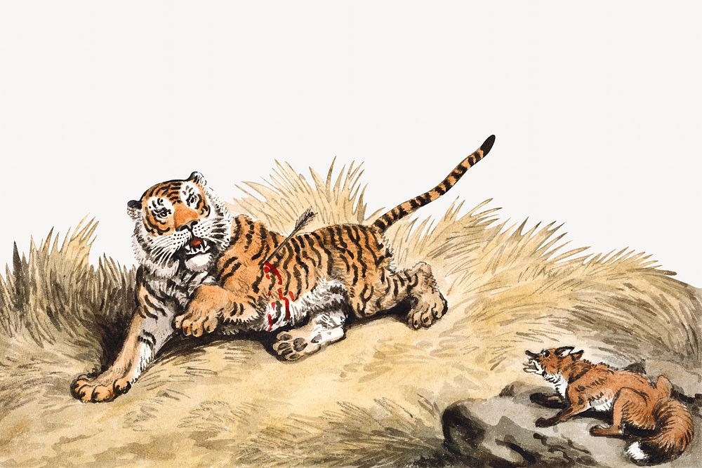 Tiger & fox watercolor border. Remixed from Samuel Howitt artwork, by rawpixel.