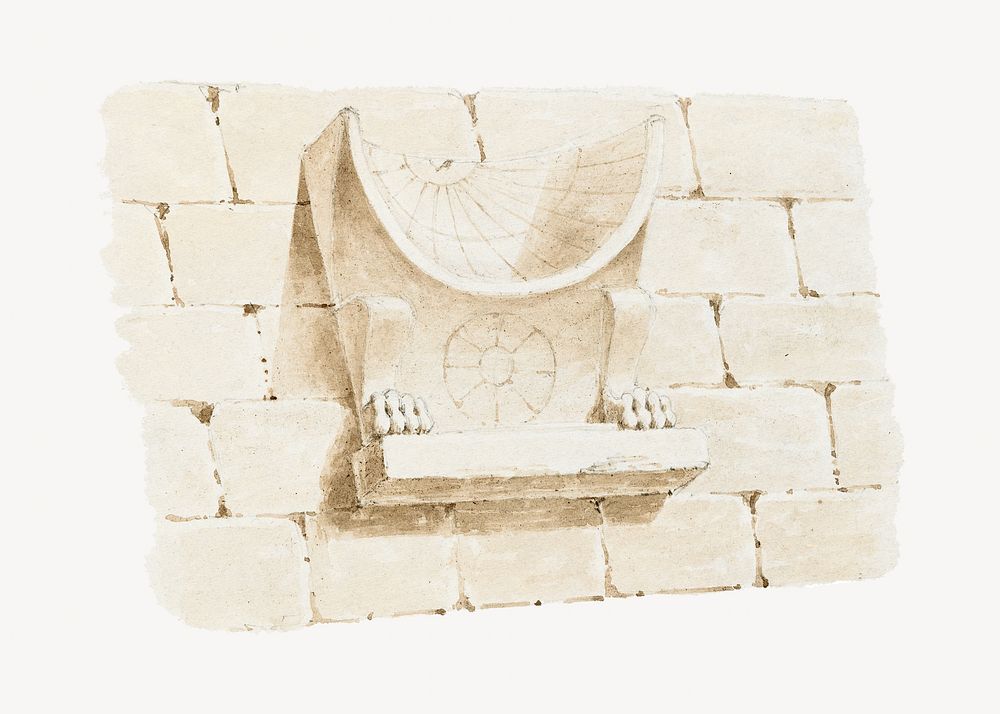 Sundial carving watercolor illustration element. Remixed from Sir Robert Smirke The Younger artwork, by rawpixel.