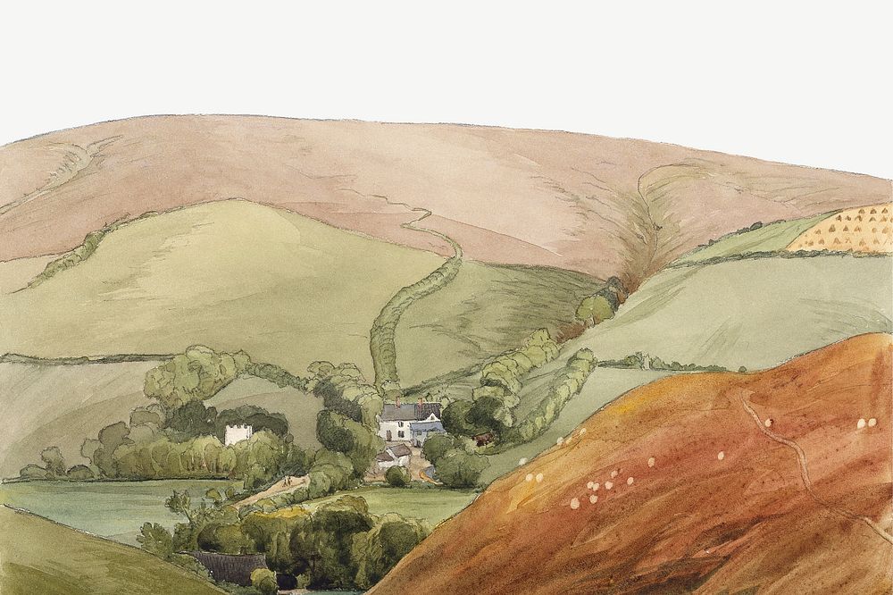 Oare village watercolor border psd. Remixed from Rev. James Bulwer artwork, by rawpixel.