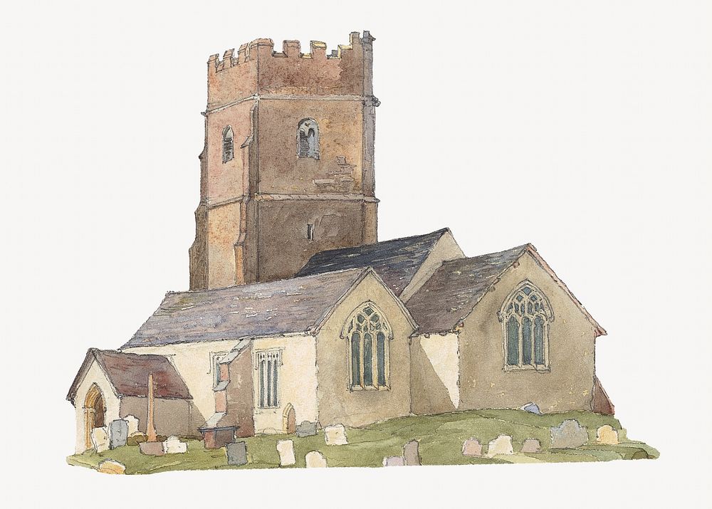Countryside church watercolor illustration element. Remixed from Rev. James Bulwer artwork, by rawpixel.