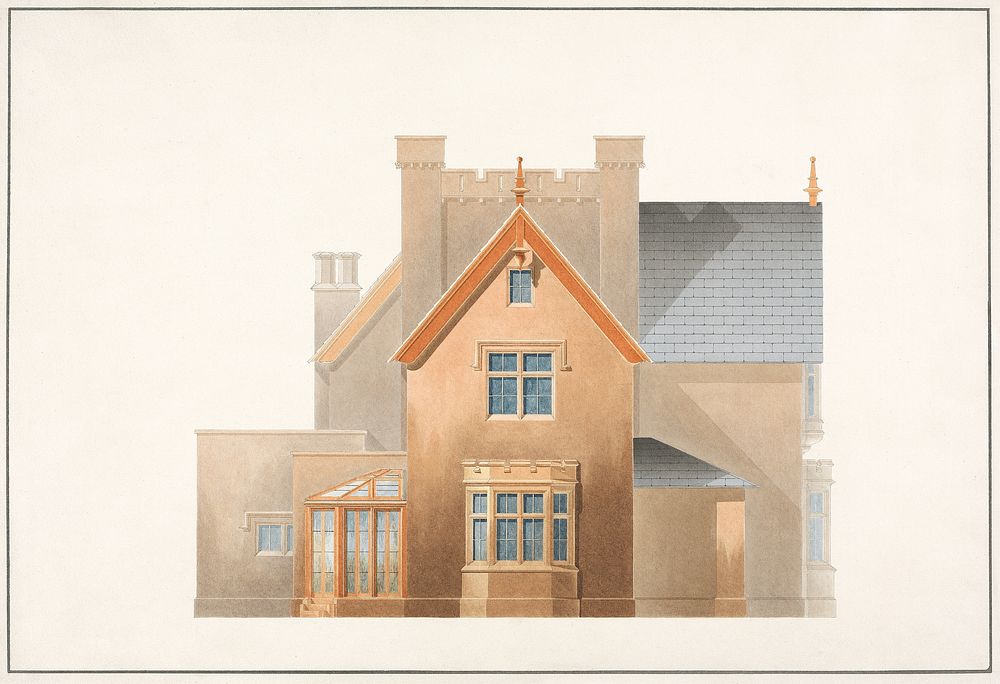 Cottages at Chatsworth, Derbyshire: Elevation. Digitally enhanced by rawpixel.