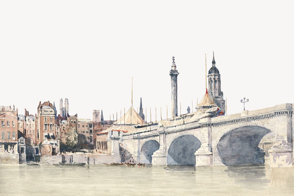 New London Bridge watercolor border. Remixed from David Cox artwork, by rawpixel.