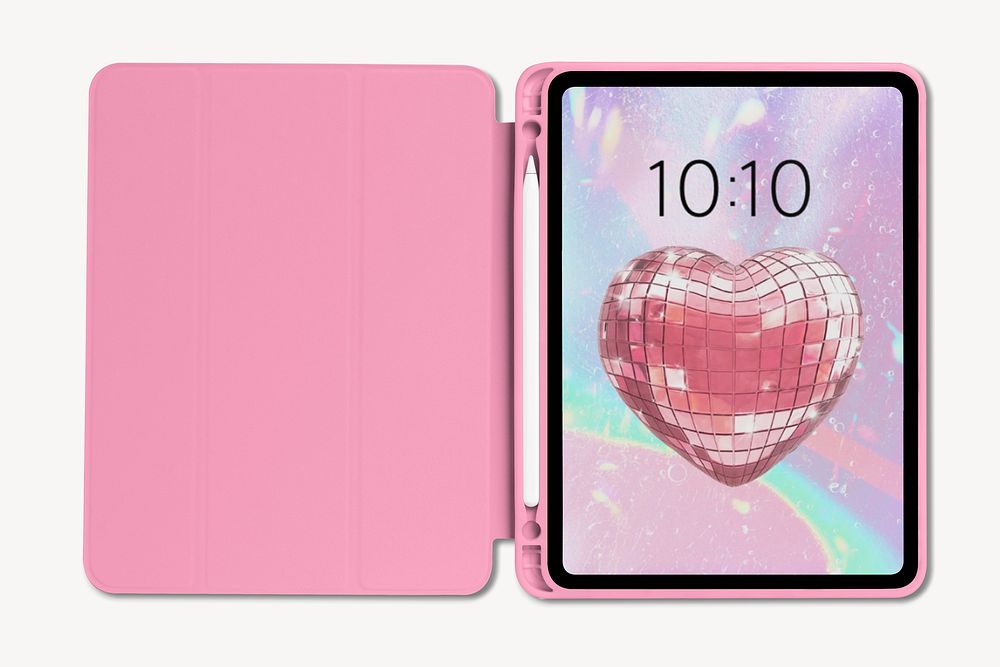 Tablet with heart screensaver in pink case