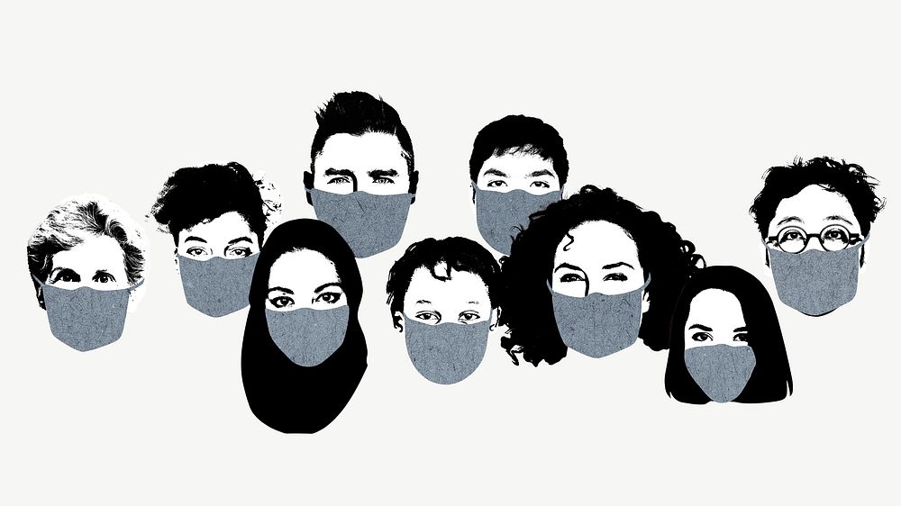 People wearing face mask, illustration collage element psd