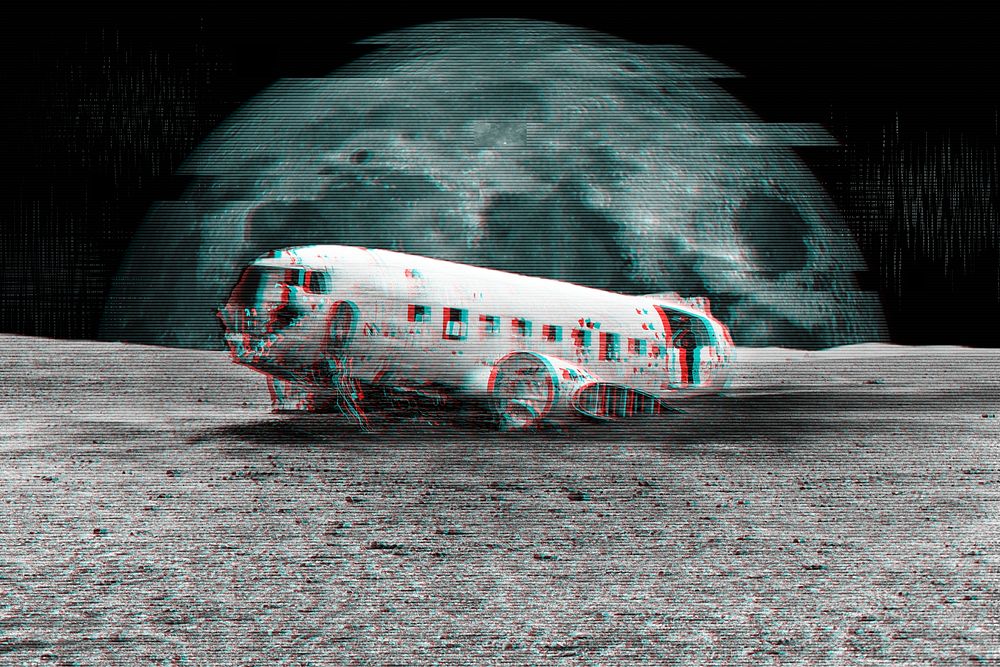 Abandoned airplane on the moon collage element psd