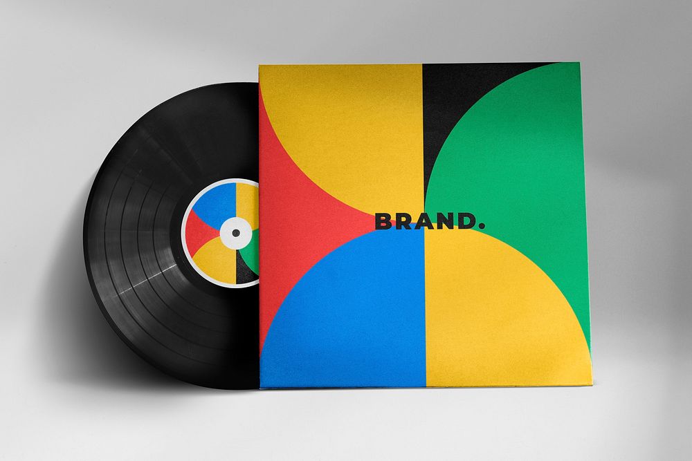Vinyl record cover mockup, music product branding psd