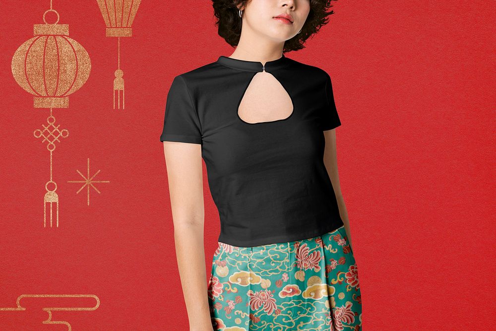 Women's top, skirt mockup, street fashion, Chinese New Year celebration psd