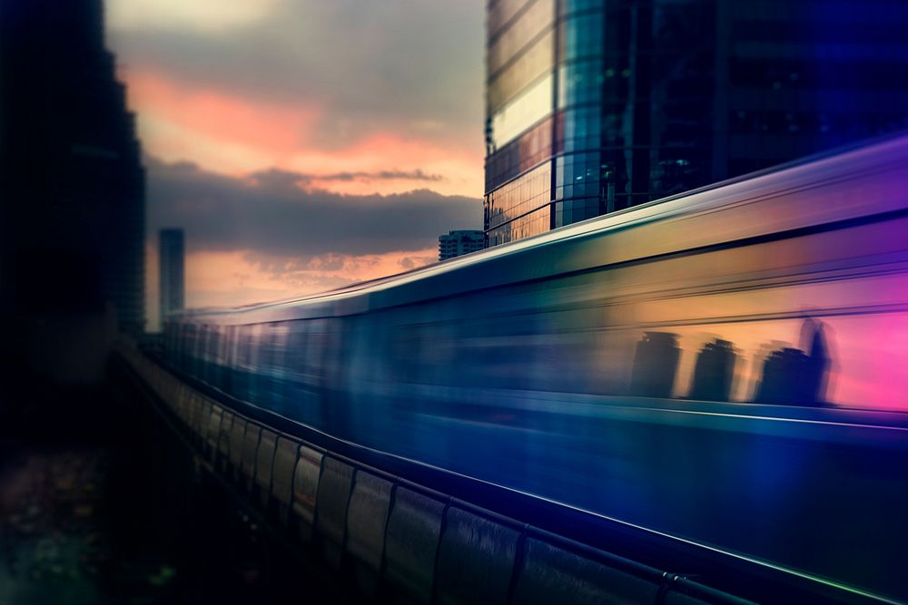 City train, colorful sunset design, digital remix