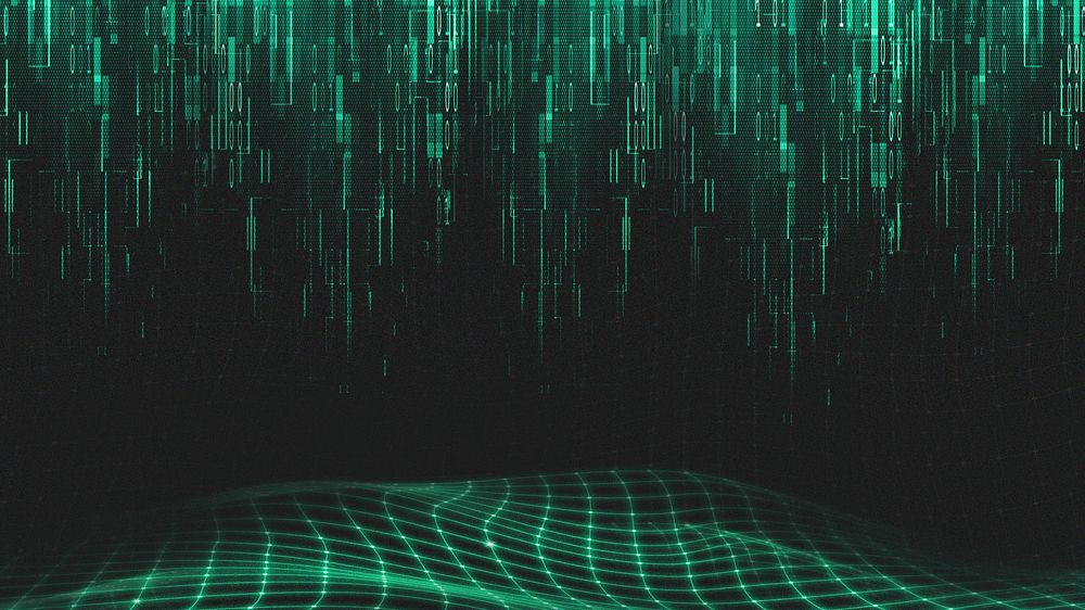 Technology green desktop wallpaper, abstract grid wave, digital remix