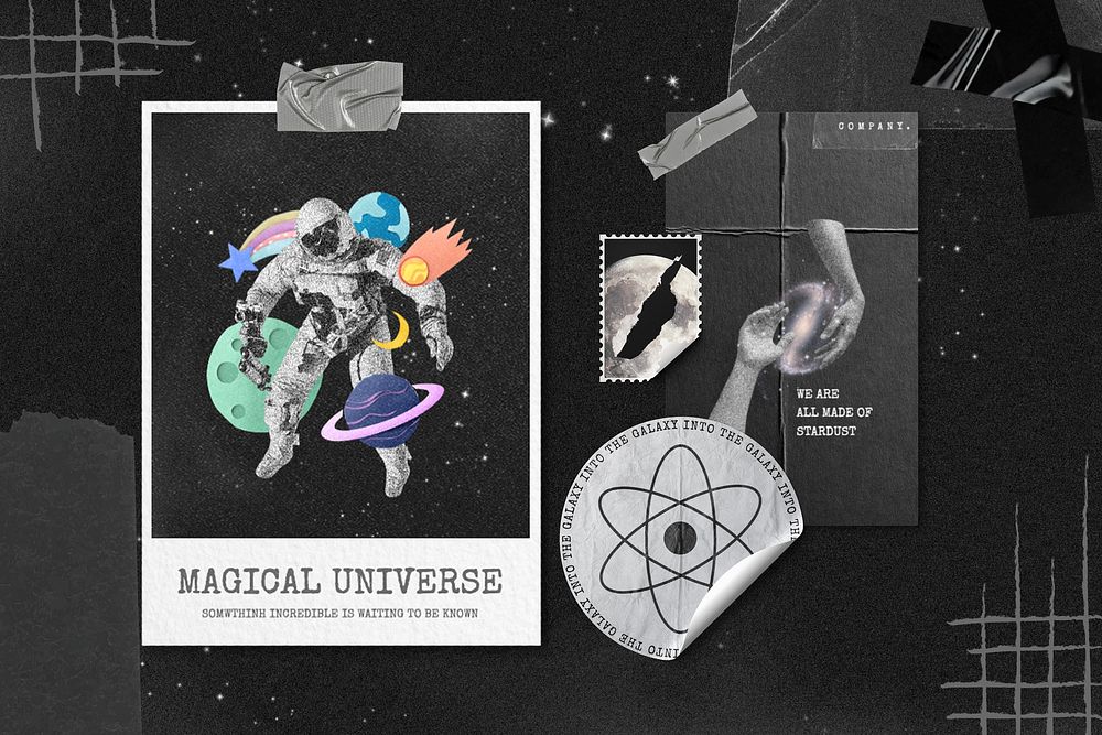 Galaxy aesthetic mood board, astronaut poster & sticker