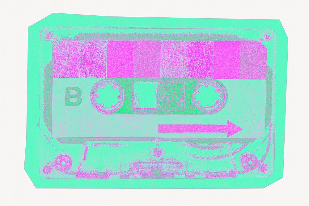 Cassette tape, green & pink collage element