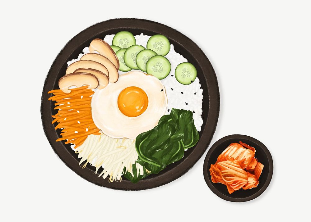 Korean bibimbap, Asian food collage element psd
