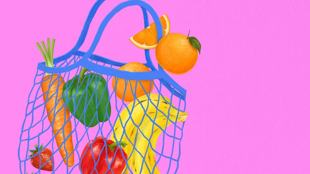 Fruit & vegetables computer wallpaper, grocery shopping bag illustration