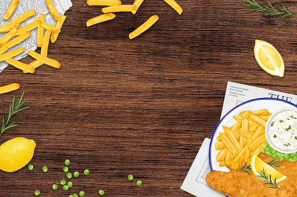 Fish and chips background, wooden table illustration