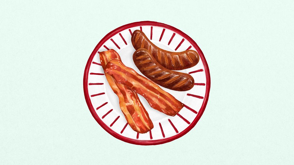 Bacon & sausages computer wallpaper, breakfast food illustration