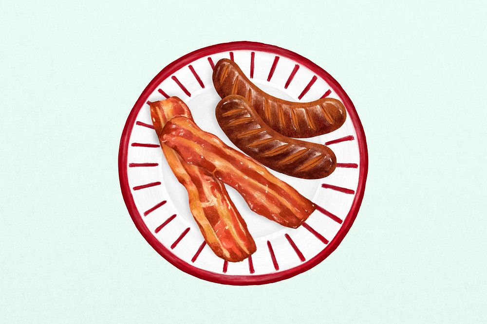 Grilled sausages and smoked bacon, breakfast food illustration