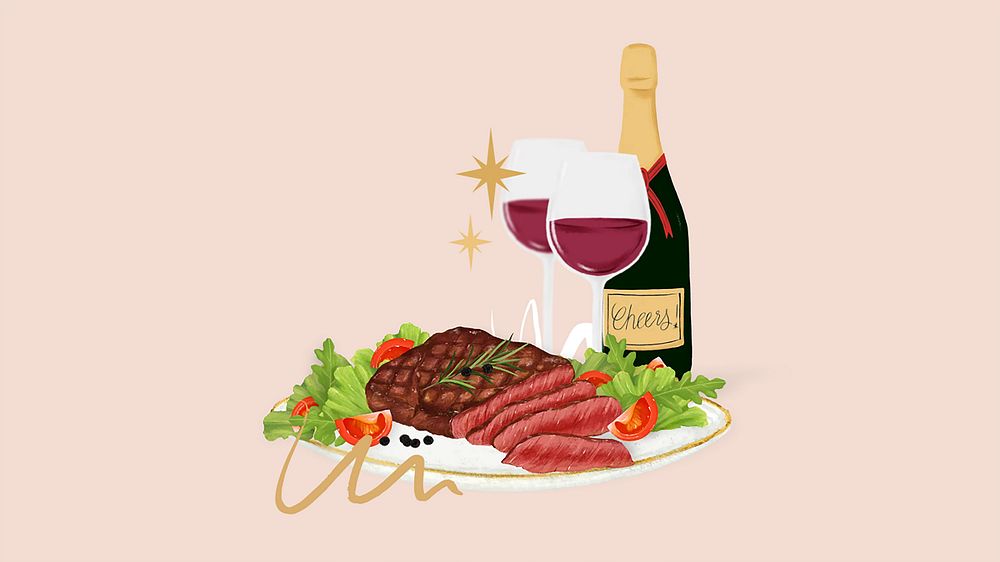 Steak and wine computer wallpaper, delicious dinner illustration