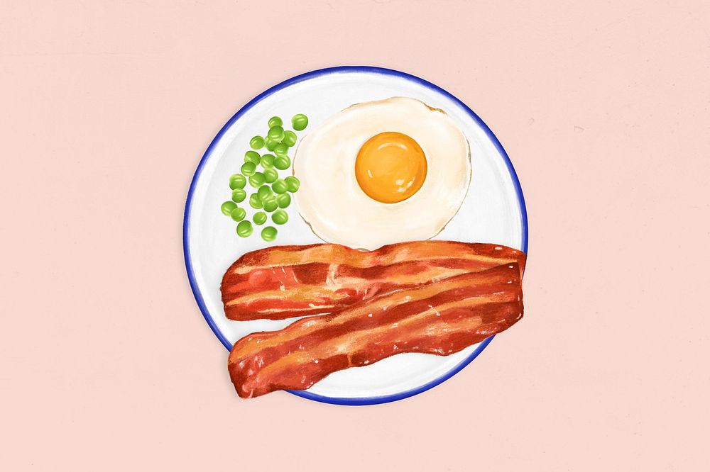 Sunny side up, smoked bacon and beans, breakfast food illustration