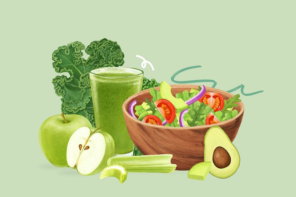 Healthy salad bowl, celery apple juice, diet food illustration
