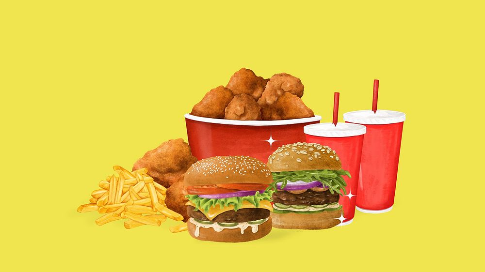 Yummy fast food HD wallpaper, burger, fried chicken & fries