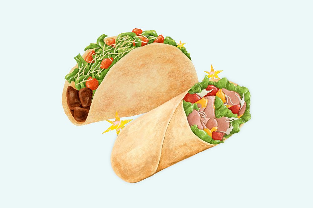 Mexican taco, salad wrap, food illustration