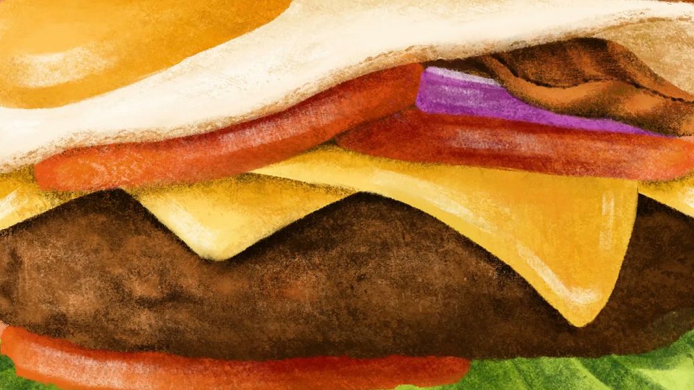Homemade juicy burger desktop wallpaper, fast food illustration