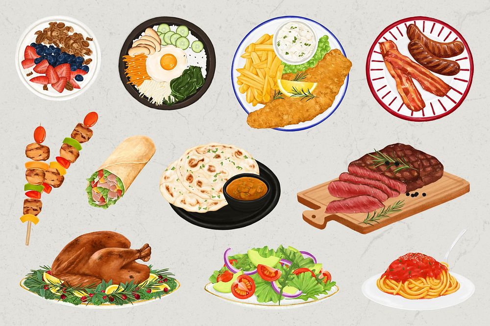 Famous international dishes, food illustration set
