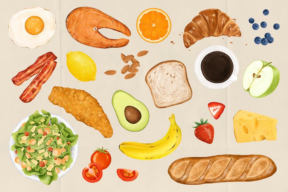 Healthy breakfast food, pastry illustration set