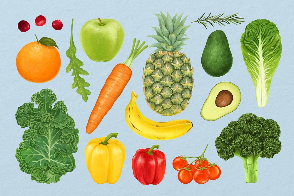Fruits & vegetables, healthy food ingredients illustration set psd
