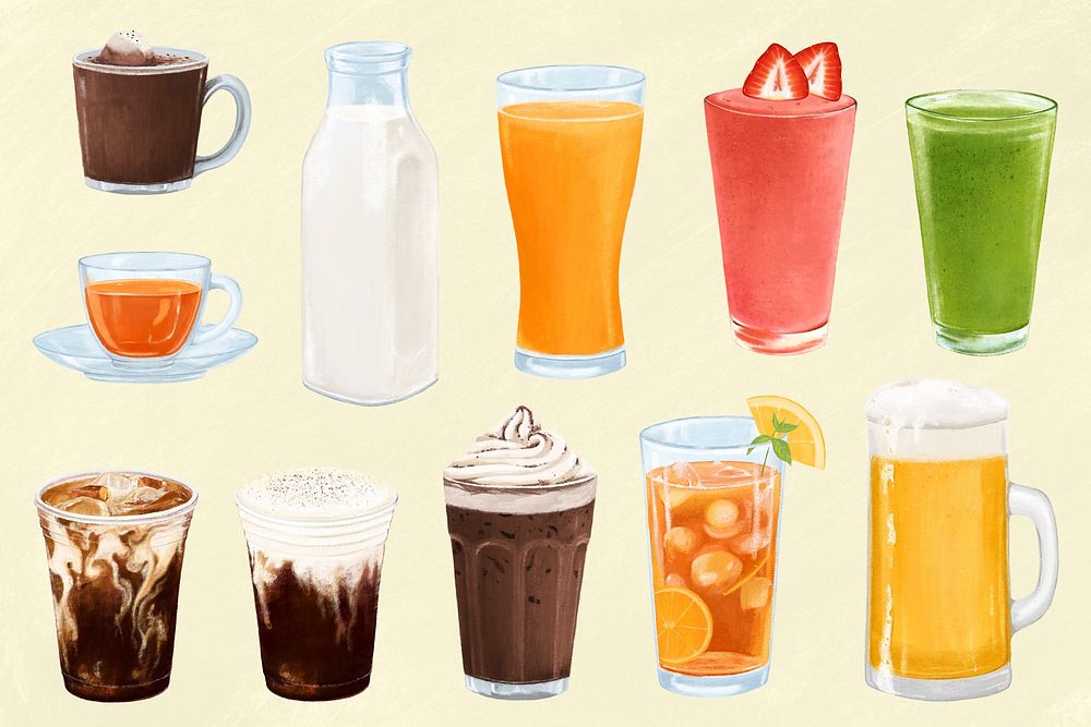 Healthy drinks, coffee & dairy beverages illustration set psd