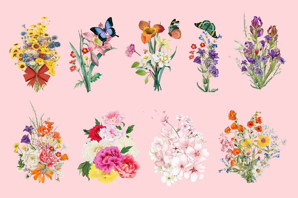 Colorful spring flower bouquet, botanical collage art set psd