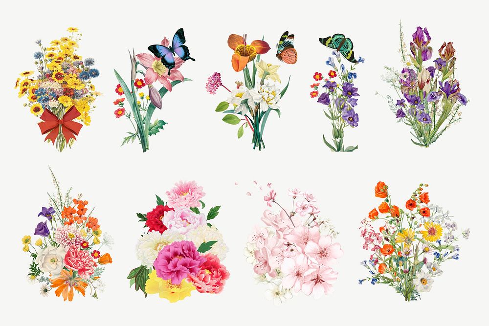 Vintage spring flower bouquet, botanical collage art set psd